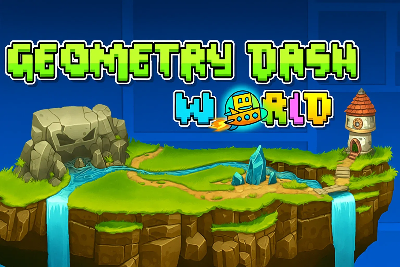 A cartoon robot is flying through the air in a game.